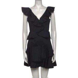 Rebecca Taylor Mini Ruffle Dress Womens 4 Black V-Neck Sleeveless Cotton A-Line
